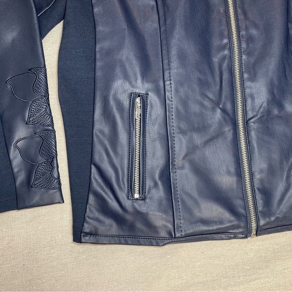 Christopher & Banks | Navy Zip-Up Faux Leather Floral Embroidered Jacket | PXL - Picture 5 of 13